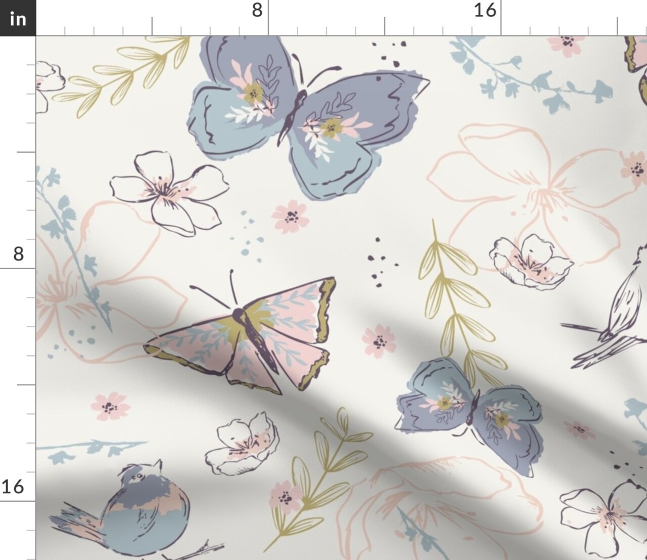 Garden Butterfly Songbird Pastel Pink Purple Botanical Whimsical Soft Pastels Floral Custom Printed Fabric by Spoonflower Various Fabrics by the Yard or Fat Quarter